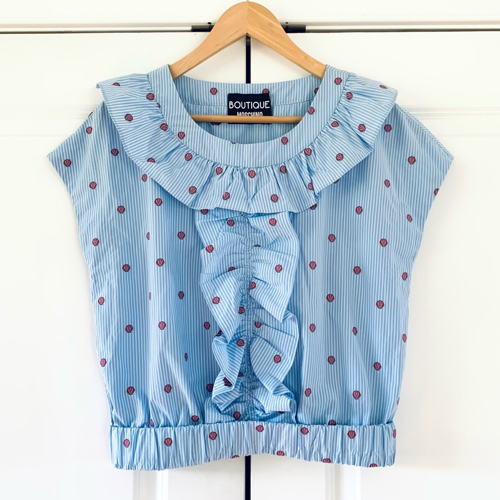 Boutique Moschino Blouse Ruffle Shirt Seashell Blue Stripe Top Cotton Size 4